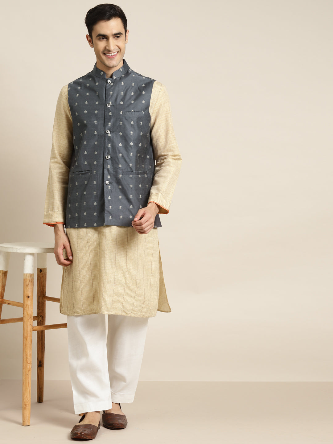 Men's Cotton Grey Self Design Only Nehru Jacket