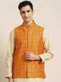 Men's Cotton Orange Self Design Only Nehru Jacket