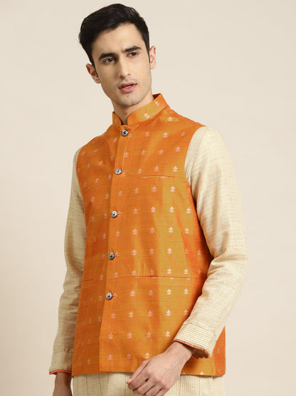 Men's Cotton Orange Self Design Only Nehru Jacket