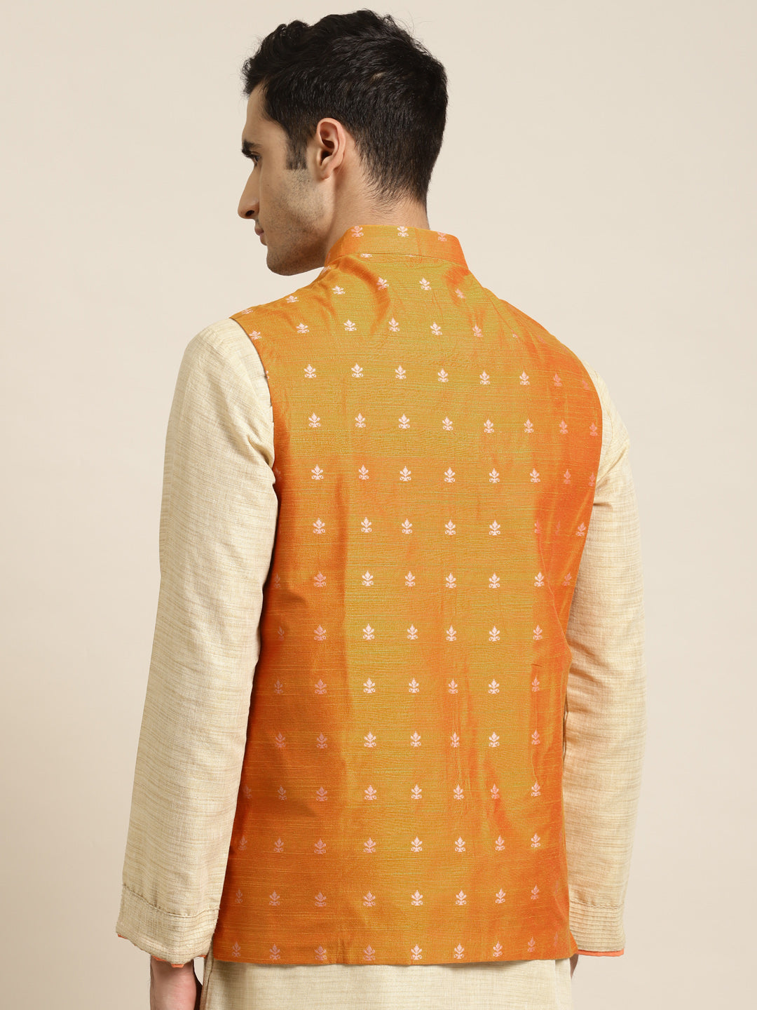 Men's Cotton Orange Self Design Only Nehru Jacket