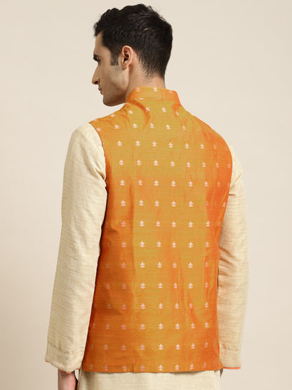 Men's Cotton Orange Self Design Only Nehru Jacket