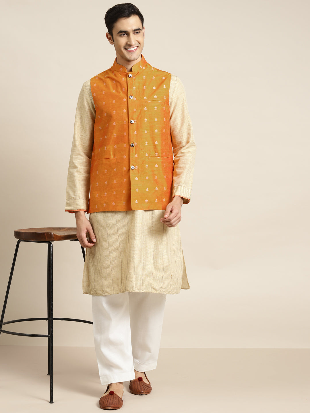 Men's Cotton Orange Self Design Only Nehru Jacket