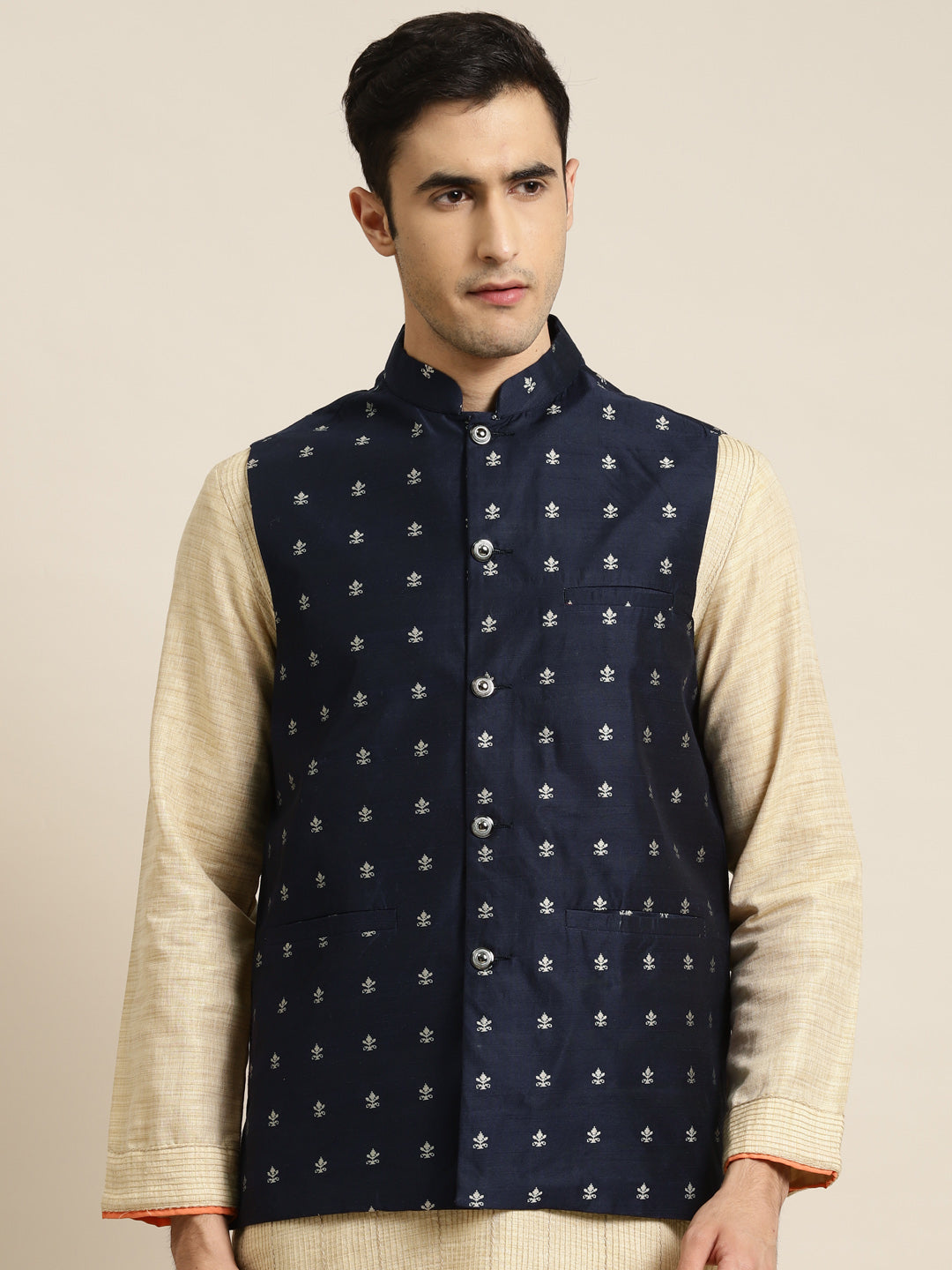 Men's Cotton Navy Blue Self Design Only Nehru Jacket