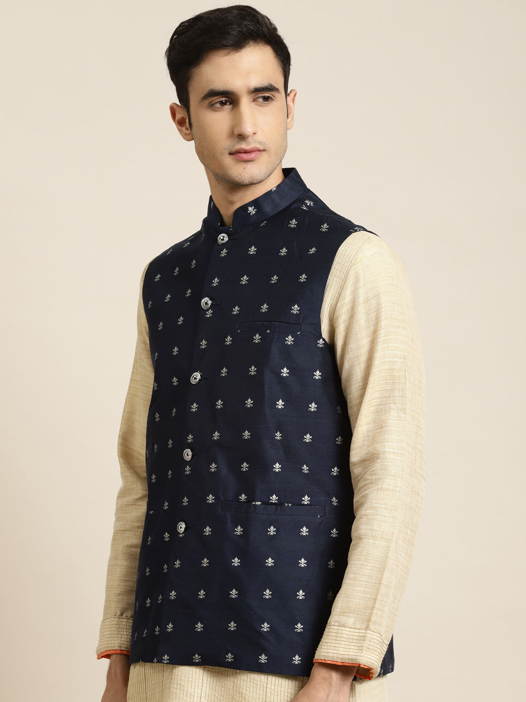 Men's Cotton Navy Blue Self Design Only Nehru Jacket