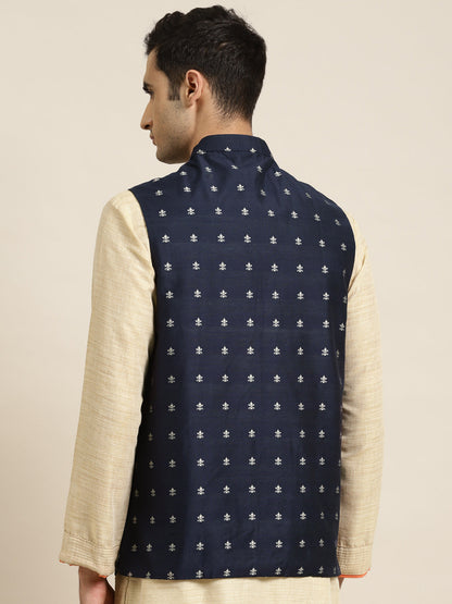 Men's Cotton Navy Blue Self Design Only Nehru Jacket