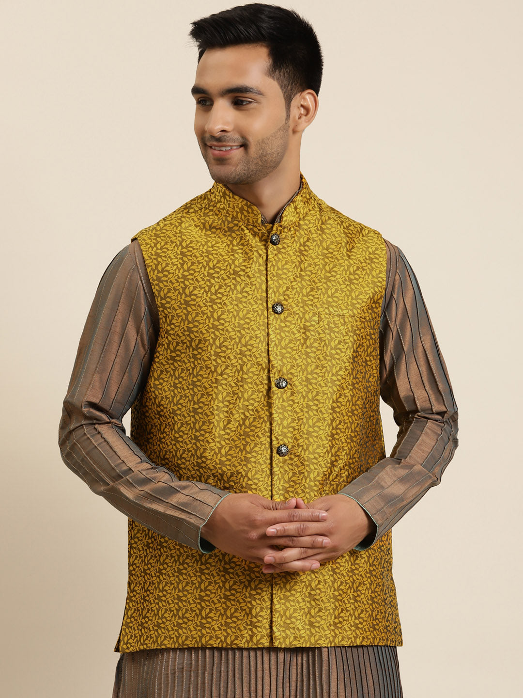 Men's Jacquard Silk Mustard Self Design ONLY Nehrujacket