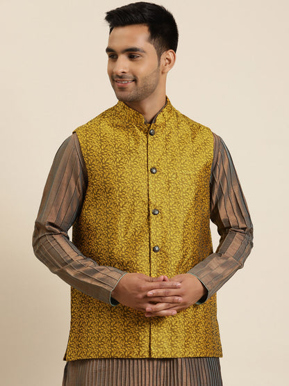 Men's Jacquard Silk Mustard Self Design ONLY Nehrujacket