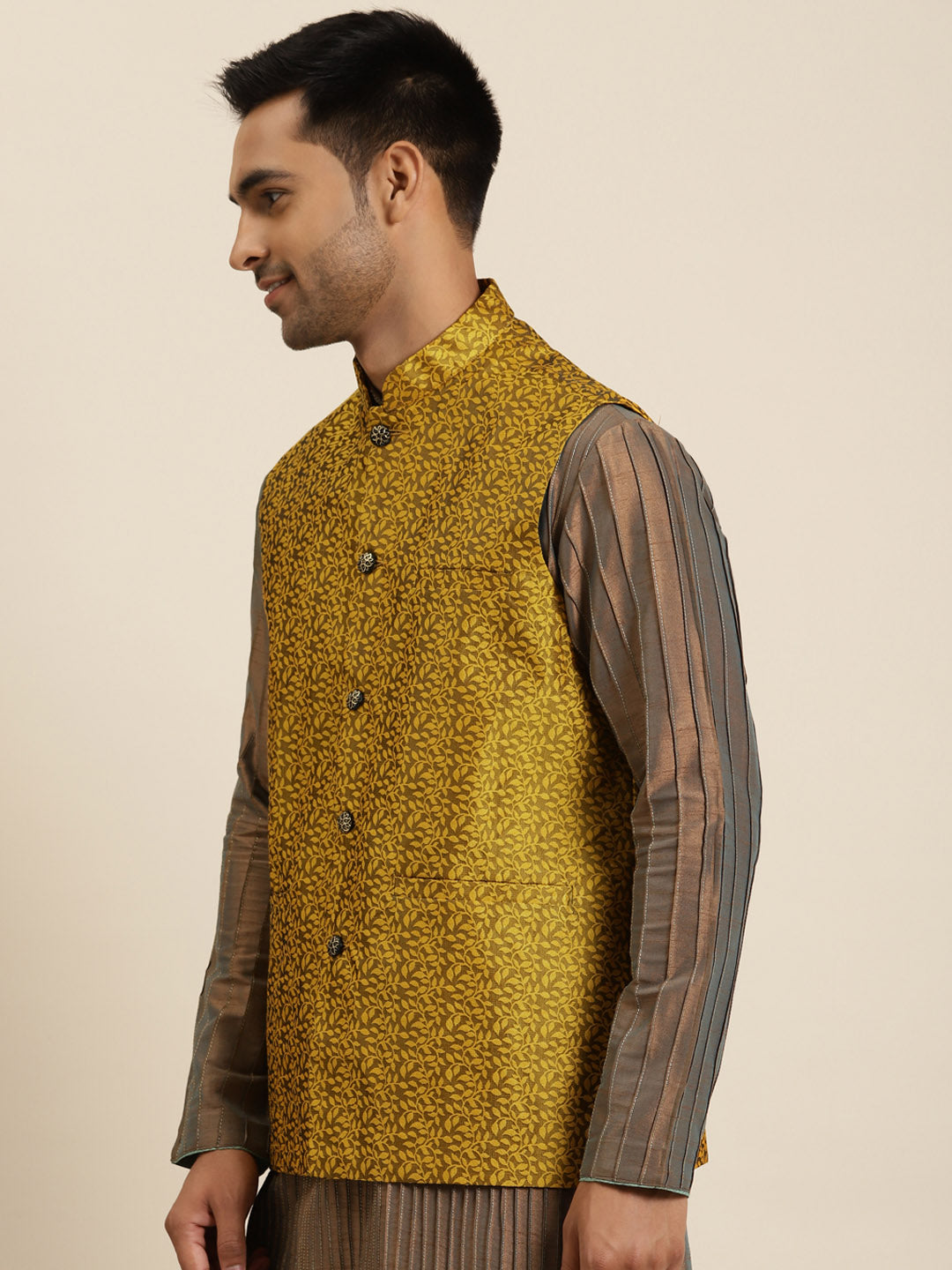 Men's Jacquard Silk Mustard Self Design ONLY Nehrujacket