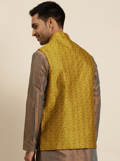 Men's Jacquard Silk Mustard Self Design ONLY Nehrujacket