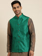 Men's Jacquard Silk Dark Green Self Design ONLY Nehrujacket