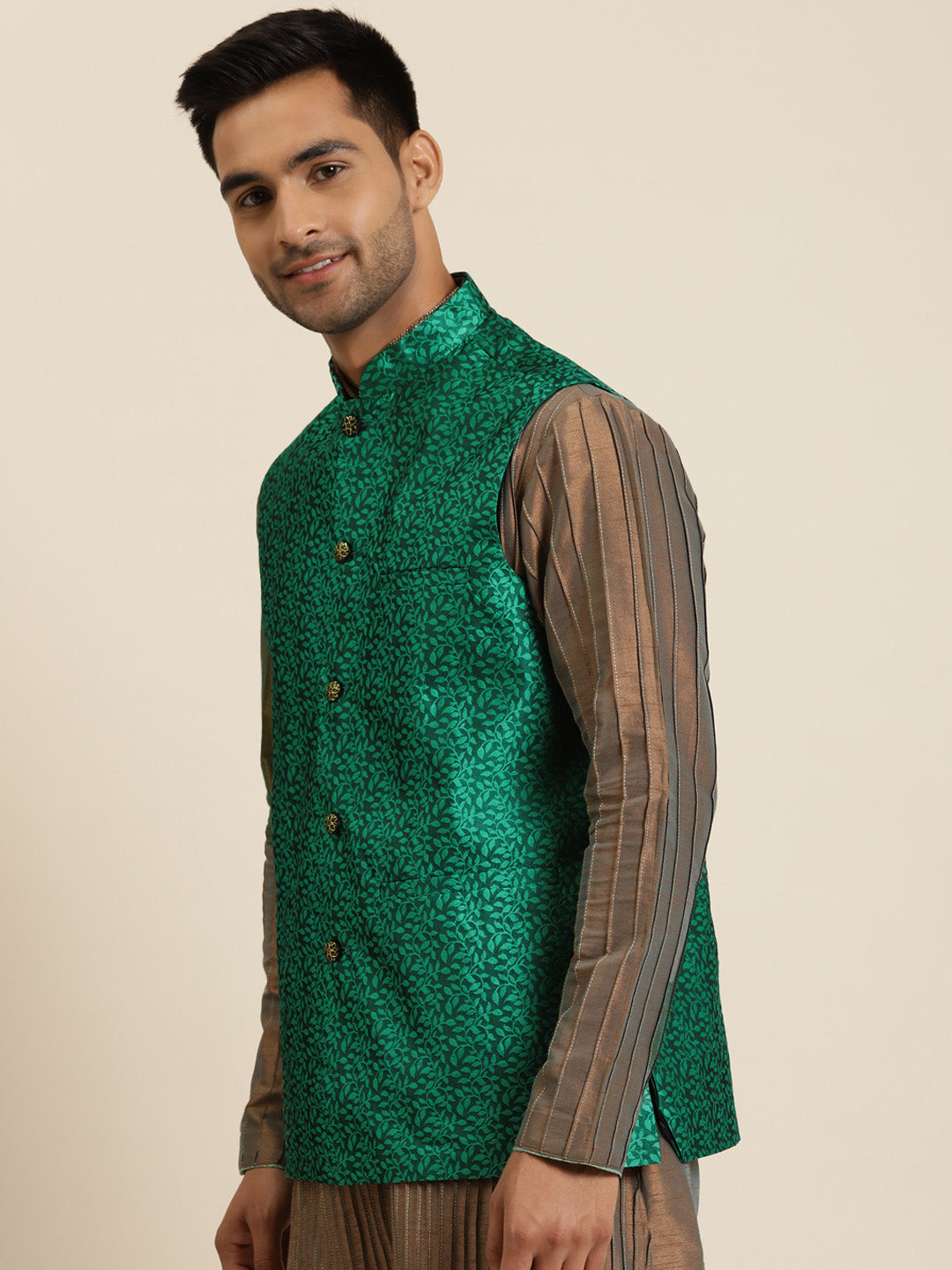 Men's Jacquard Silk Dark Green Self Design ONLY Nehrujacket