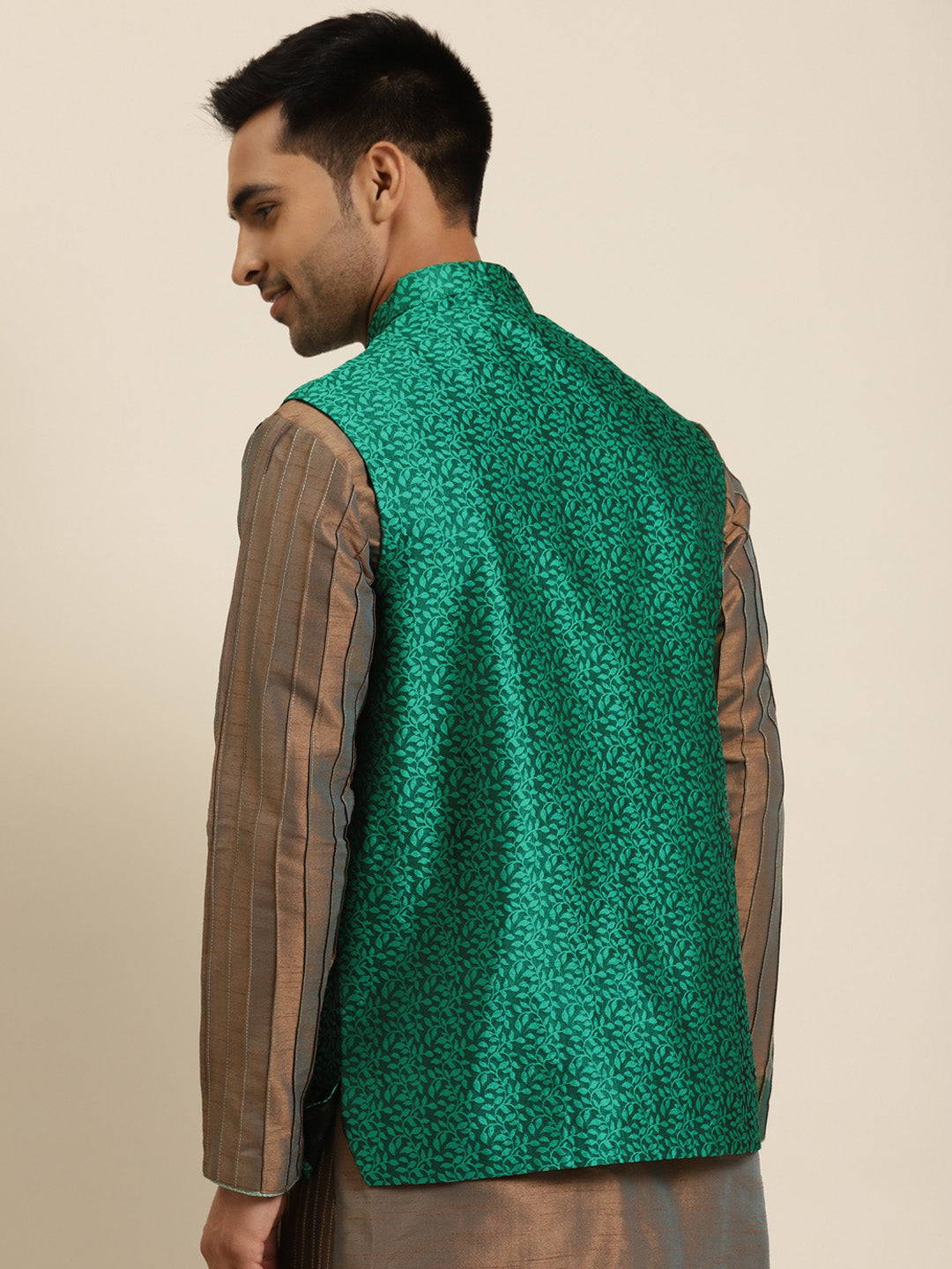 Men's Jacquard Silk Dark Green Self Design ONLY Nehrujacket