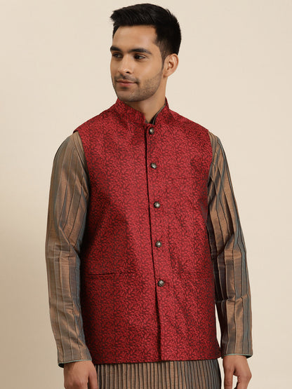 Men's Jacquard Silk Maroon Self Design ONLY Nehrujacket