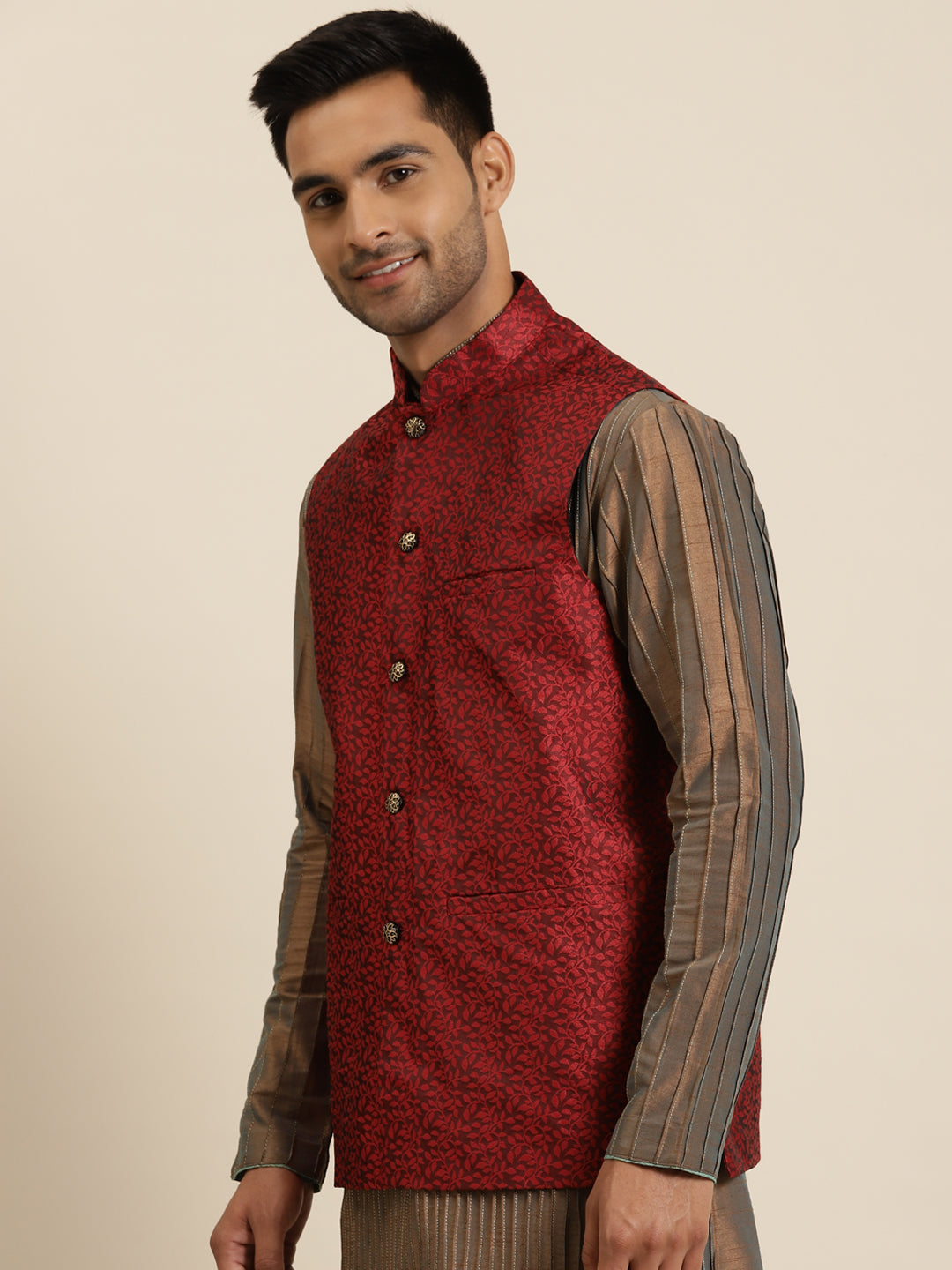 Men's Jacquard Silk Maroon Self Design ONLY Nehrujacket