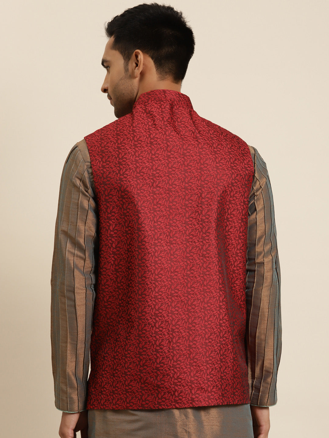 Men's Jacquard Silk Maroon Self Design ONLY Nehrujacket