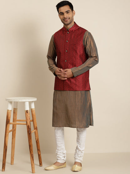 Men's Jacquard Silk Maroon Self Design ONLY Nehrujacket