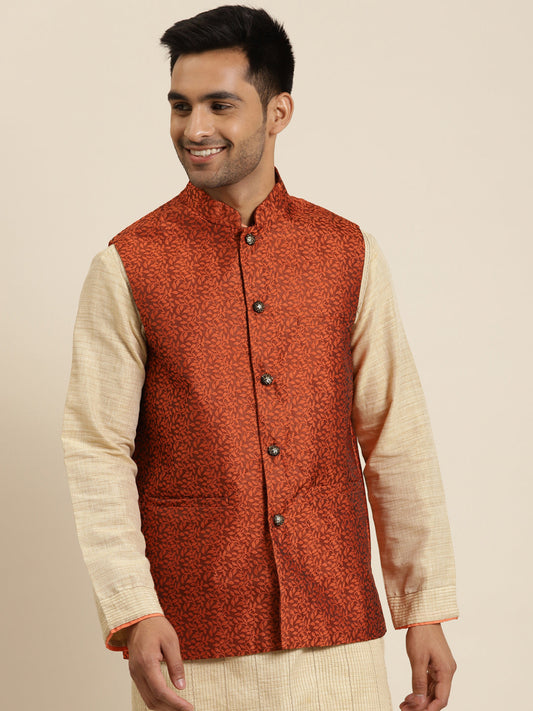 Men's Jacquard Silk Orange Self Design ONLY Nehrujacket