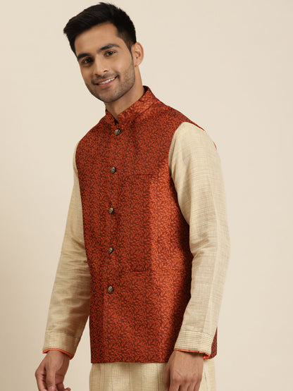 Men's Jacquard Silk Orange Self Design ONLY Nehrujacket