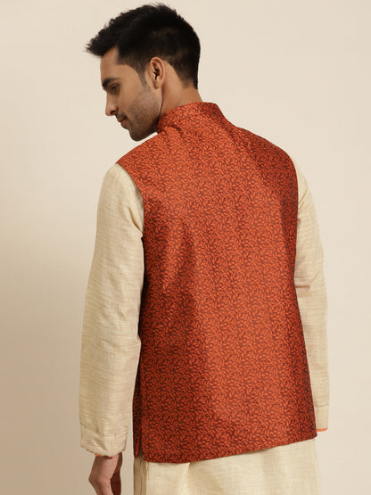 Men's Jacquard Silk Orange Self Design ONLY Nehrujacket