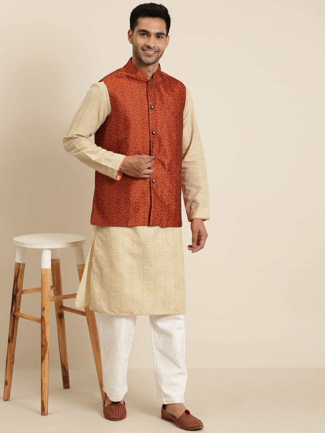 Men's Jacquard Silk Orange Self Design ONLY Nehrujacket