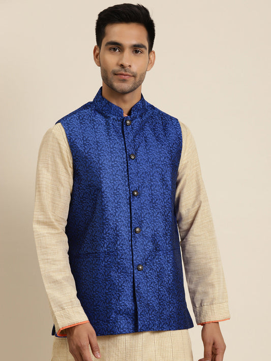 Men's Jacquard Silk Royal Blue Self Design ONLY Nehrujacket