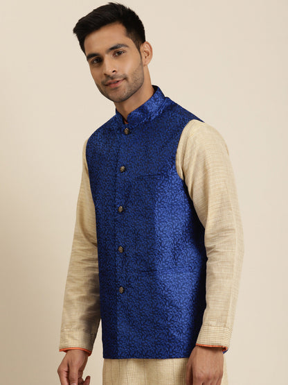 Men's Jacquard Silk Royal Blue Self Design ONLY Nehrujacket