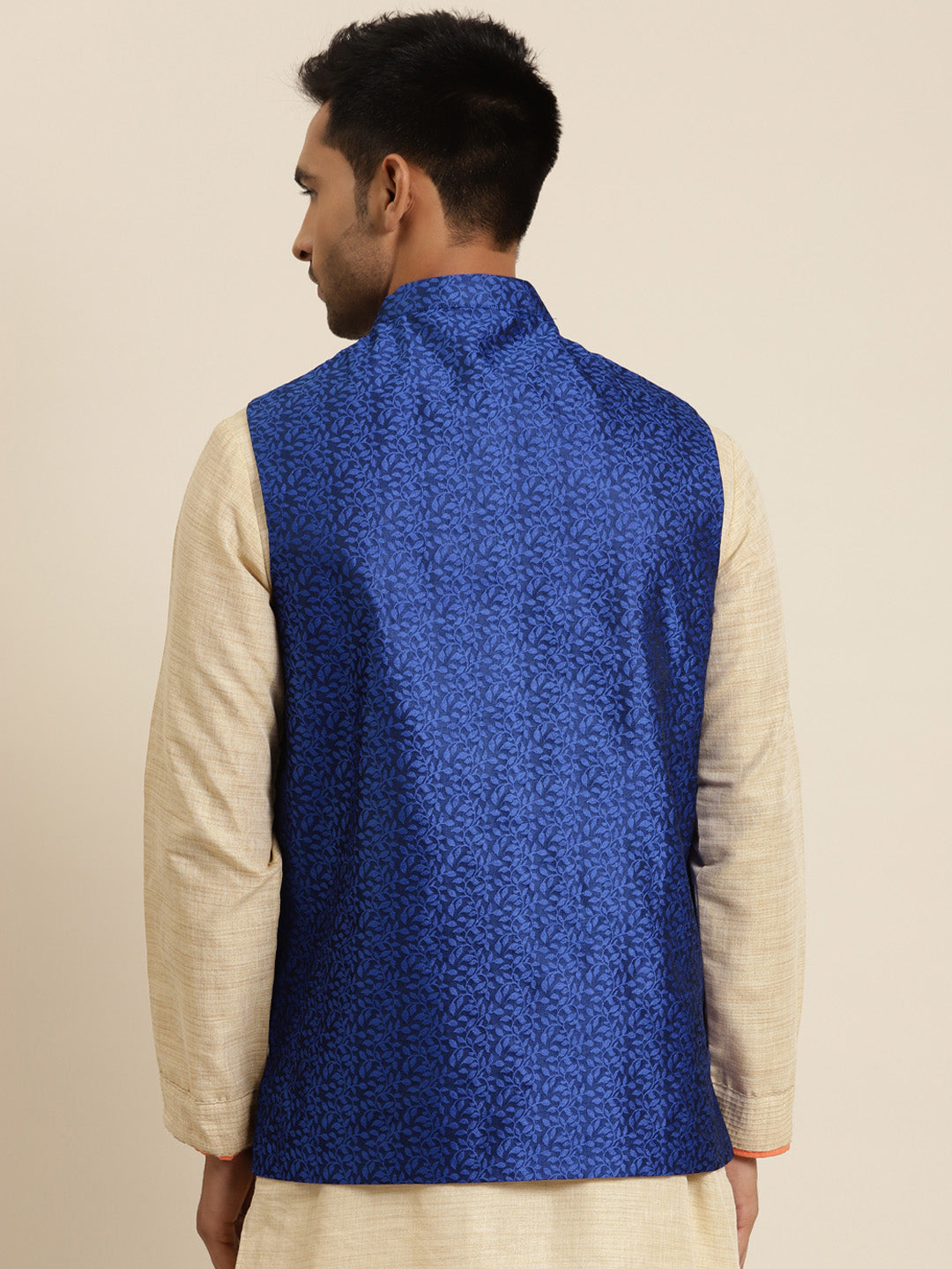 Men's Jacquard Silk Royal Blue Self Design ONLY Nehrujacket