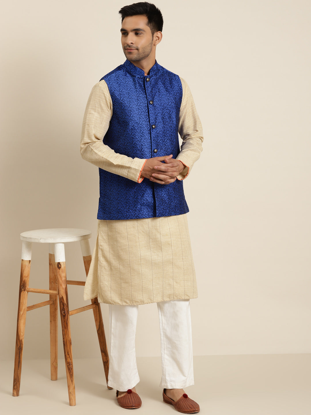 Men's Jacquard Silk Royal Blue Self Design ONLY Nehrujacket