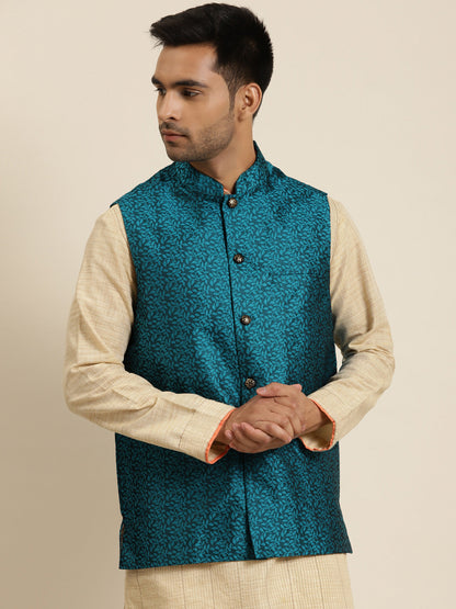 Men's Jacquard Silk Turquoise Blue Self Design ONLY Nehrujacket