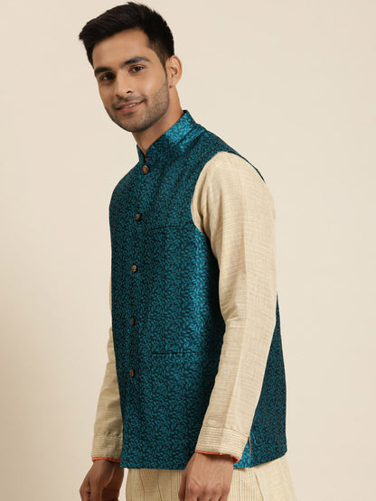 Men's Jacquard Silk Turquoise Blue Self Design ONLY Nehrujacket