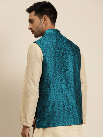 Men's Jacquard Silk Turquoise Blue Self Design ONLY Nehrujacket