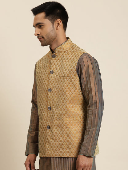 Men's Jacquard Silk Mustard Self Design ONLY Nehrujacket