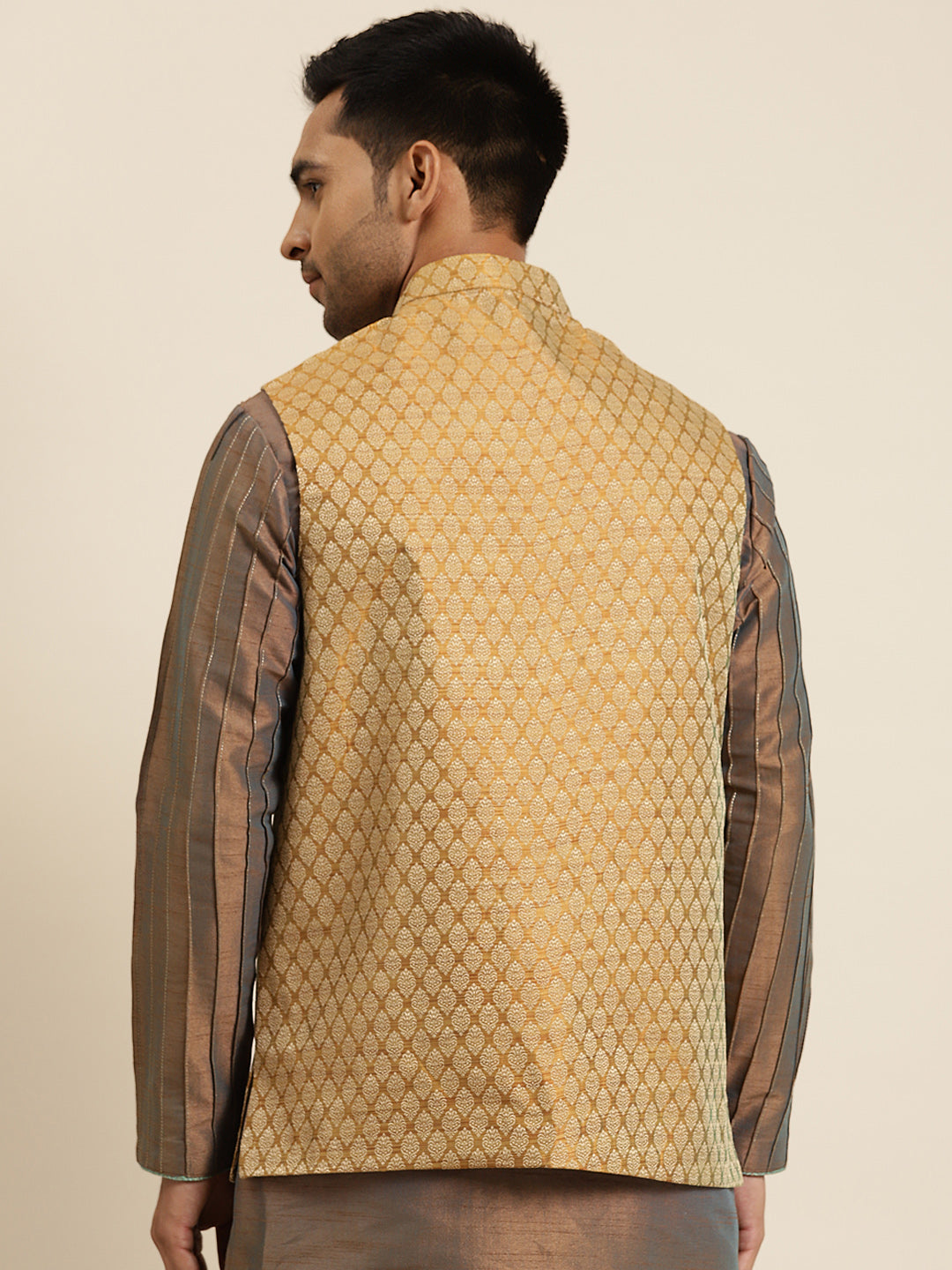 Men's Jacquard Silk Mustard Self Design ONLY Nehrujacket