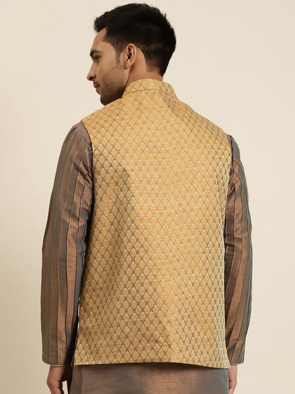 Men's Jacquard Silk Mustard Self Design ONLY Nehrujacket