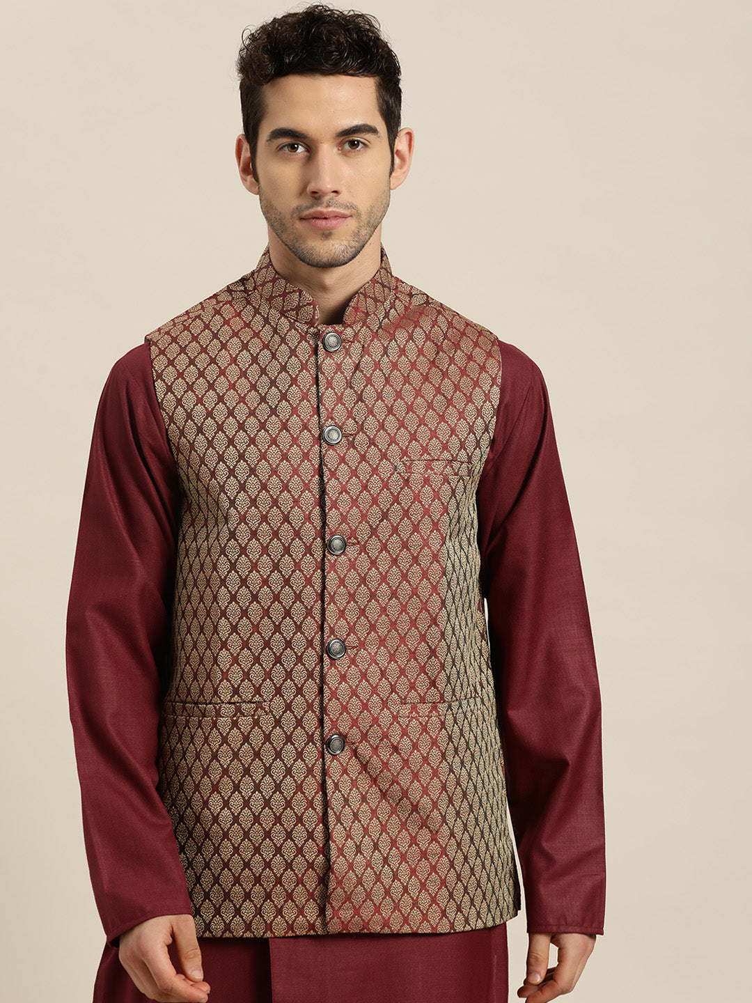 Men's Jacquard Silk Maroon Self Design ONLY Nehrujacket