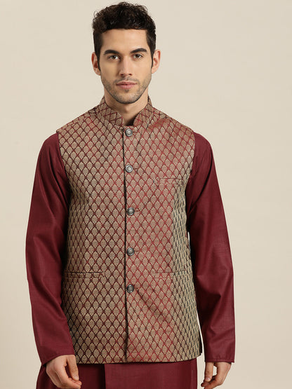 Men's Jacquard Silk Maroon Self Design ONLY Nehrujacket