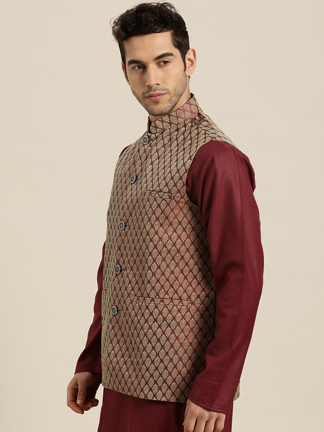 Men's Jacquard Silk Maroon Self Design ONLY Nehrujacket