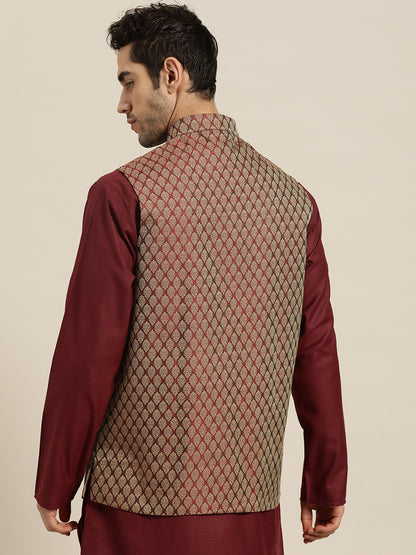 Men's Jacquard Silk Maroon Self Design ONLY Nehrujacket