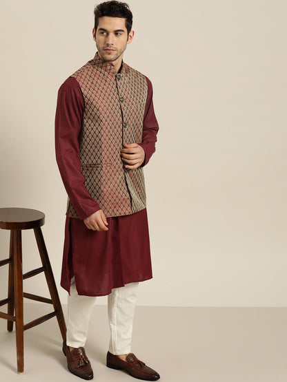 Men's Jacquard Silk Maroon Self Design ONLY Nehrujacket