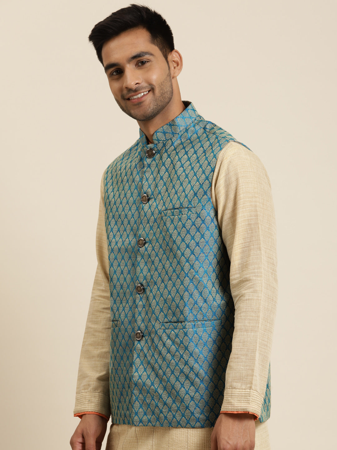 Men's Jacquard Silk Peacock Blue Self Design ONLY Nehrujacket