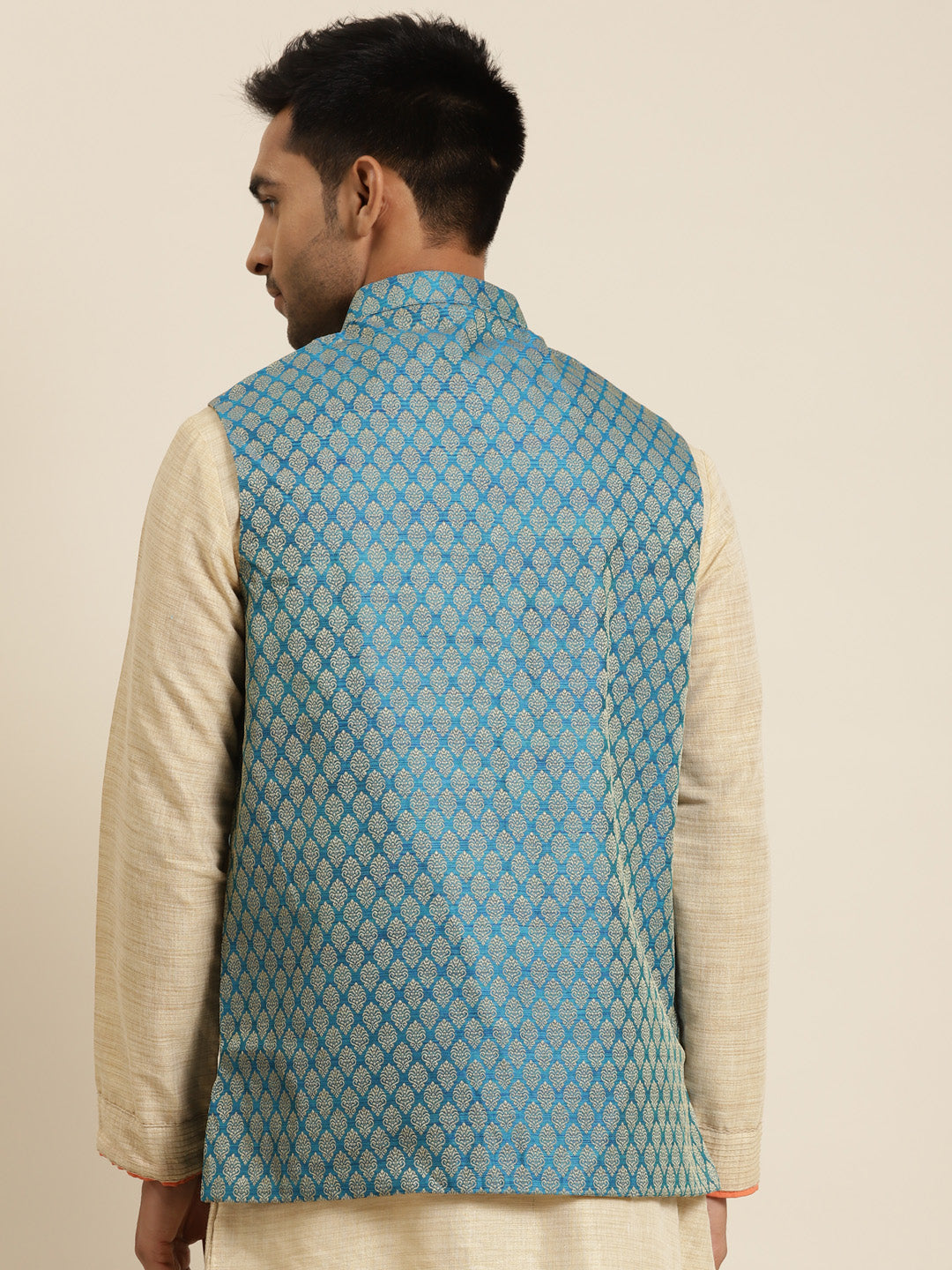 Men's Jacquard Silk Peacock Blue Self Design ONLY Nehrujacket