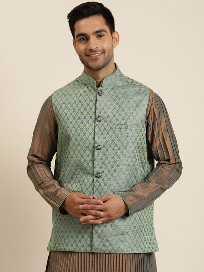 Men's Jacquard Silk Teal Green Self Design ONLY Nehrujacket