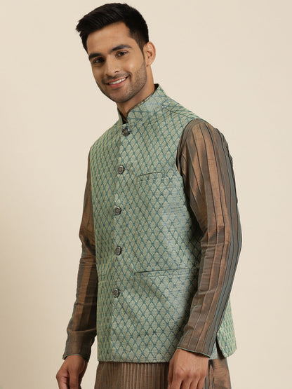 Men's Jacquard Silk Teal Green Self Design ONLY Nehrujacket