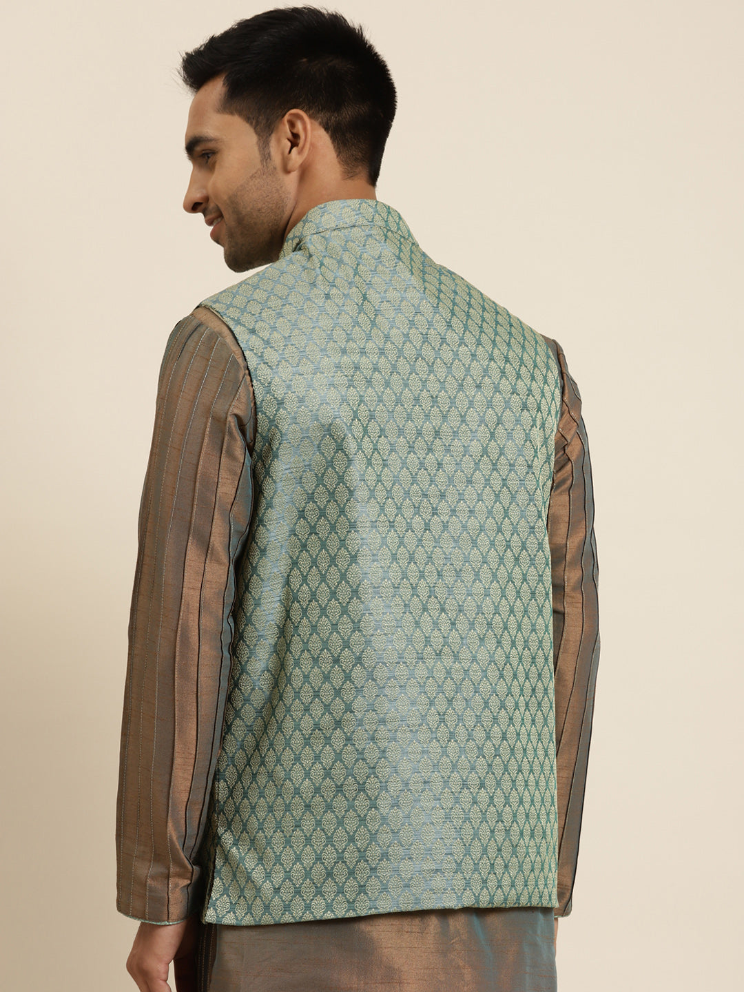 Men's Jacquard Silk Teal Green Self Design ONLY Nehrujacket