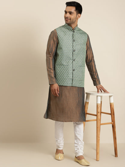 Men's Jacquard Silk Teal Green Self Design ONLY Nehrujacket