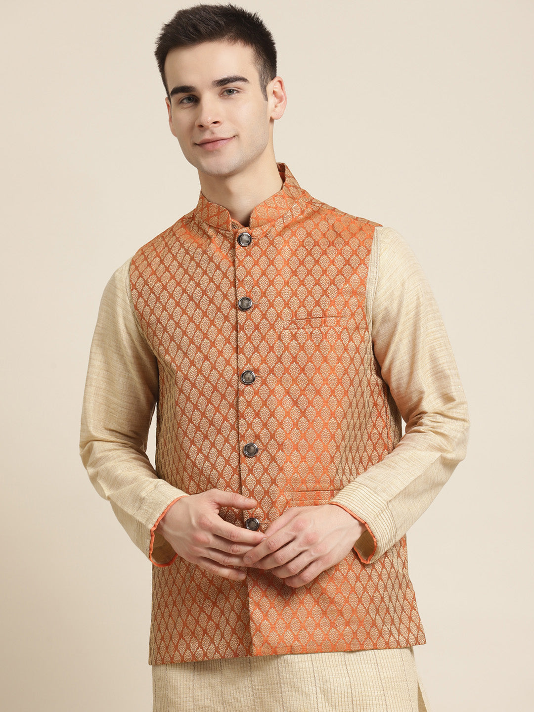 Men's Jacquard Silk Orange Self Design ONLY Nehrujacket