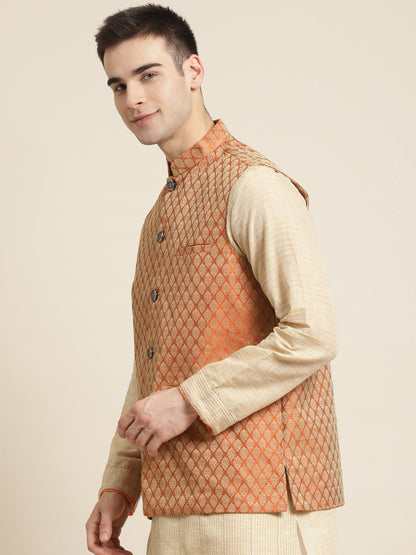 Men's Jacquard Silk Orange Self Design ONLY Nehrujacket