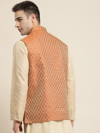 Men's Jacquard Silk Orange Self Design ONLY Nehrujacket