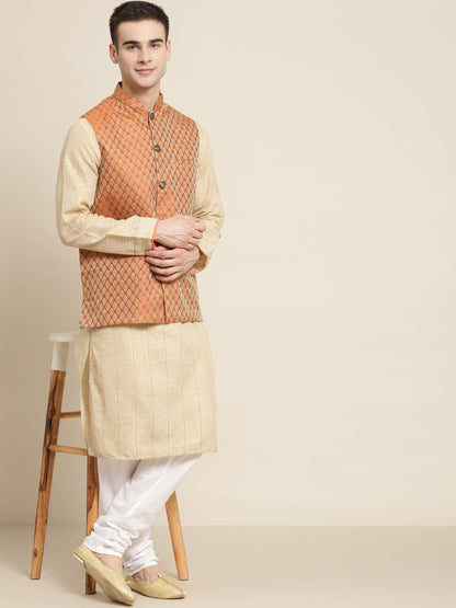 Men's Jacquard Silk Orange Self Design ONLY Nehrujacket