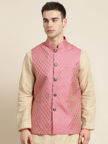 Men's Jacquard Silk Pink Self Design ONLY Nehrujacket